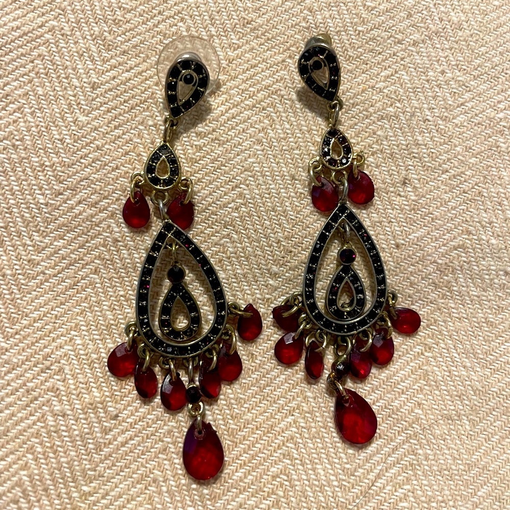 Ruby red gem chandelier costume earrings with gold.